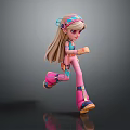 3D Animated Game Movie Character With Pink Blue Outfit Headband Long Hair Running Pose