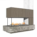 Modern Fireplace With Wooden Frame Glass Enclosure Marble Base And Burning Flames
