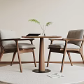 Modern Wooden Table Chair Set with Gray Cushioned Chairs Vase Plant Tablet on Round Rug