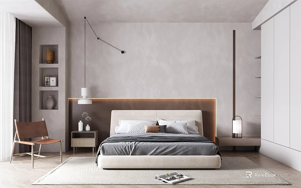 Modern Minimalist Bedroom Interior With Wooden Headboard Gray Bedding Nightstand Table Lamp Chair And Rug 3d model 