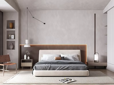 Modern Minimalist Bedroom Interior With Wooden Headboard Gray Bedding Nightstand Table Lamp Chair And Rug 3d model