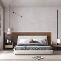 Modern Minimalist Bedroom Interior With Wooden Headboard Gray Bedding Nightstand Table Lamp Chair And Rug