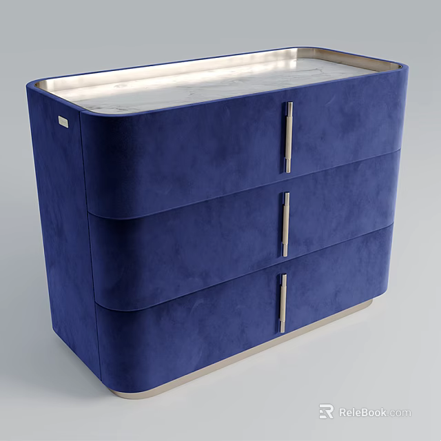 Blue Modern Chest of Drawers with Velvet Finish Marble Top and Metal Handles 3d model 