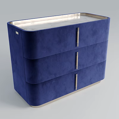 Blue Modern Chest of Drawers with Velvet Finish Marble Top and Metal Handles 3d model
