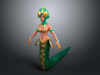 Mythical Game Character With Green Gold Headdress Arm Bands And Serpentine Tail Design 3d model