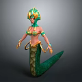 Mythical Game Character With Green Gold Headdress Arm Bands And Serpentine Tail Design