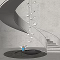 Modern Concrete Spiral Staircase With Hanging Lights And Decorative Angel Figurine