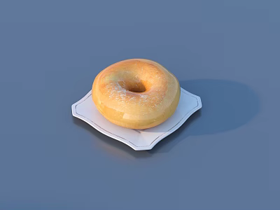 Golden Brown Donut on White Decorative Plate Against Blue Background 3d model