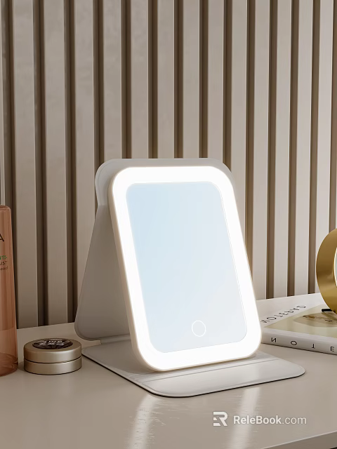 Illuminated Tabletop Mirror With LED Light And Skincare Products On Wooden Background 3d model 