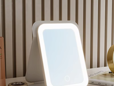 Illuminated Tabletop Mirror With LED Light And Skincare Products On Wooden Background 3d model