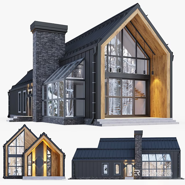 Modern House Exterior With Black Roof Wooden Structure Large Windows And Brick Chimney 3d model 
