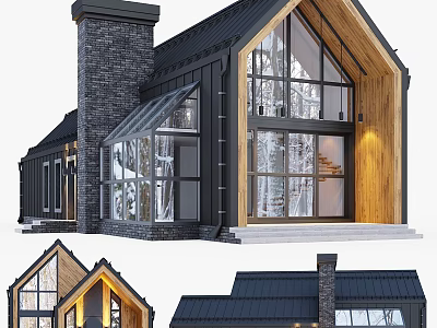 Modern House Exterior With Black Roof Wooden Structure Large Windows And Brick Chimney 3d model