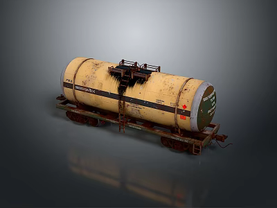 Yellow Rusty Tank Car With Black Stripe On Rails Against Gray Background 3d model