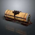 Yellow Rusty Tank Car With Black Stripe On Rails Against Gray Background
