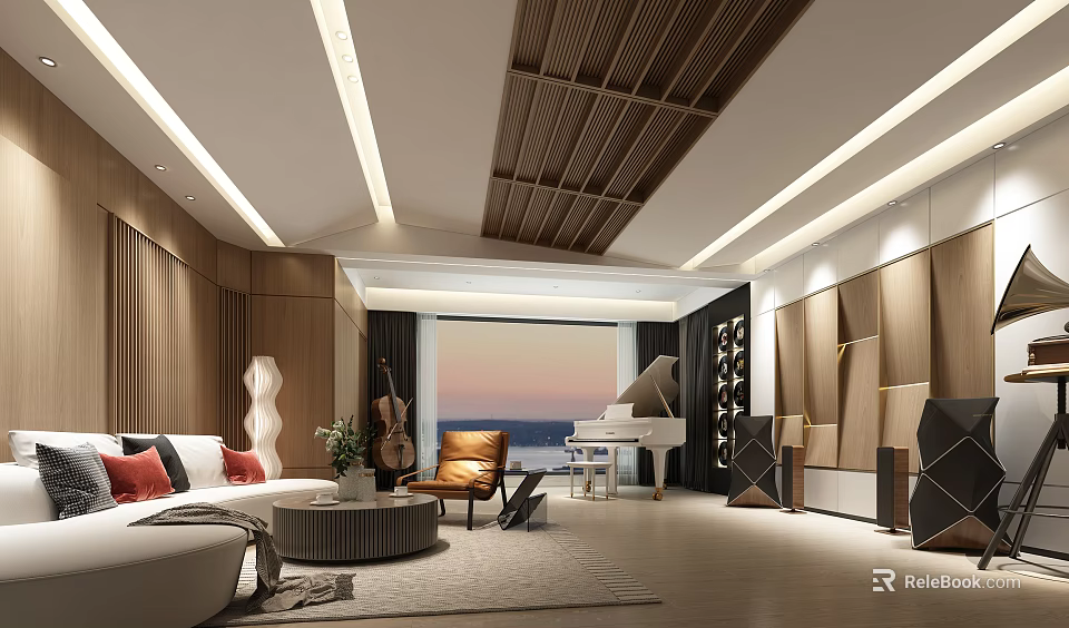Modern Elegant Living Room Interior With Wooden Ceiling Sofa Piano And Sunset View 3d model 