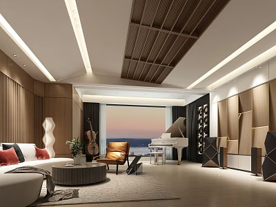 Modern Elegant Living Room Interior With Wooden Ceiling Sofa Piano And Sunset View 3d model