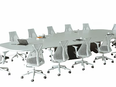 Modern Office Conference Table With Ergonomic Mesh Chairs And Laptop On Top 3d model