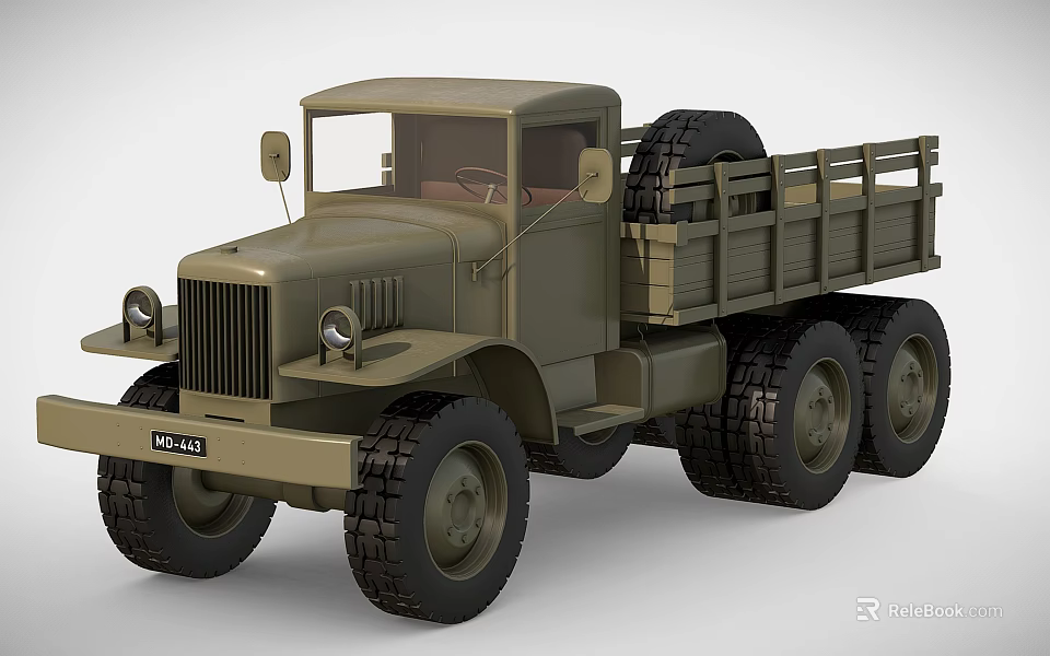 Olive Green Vintage Military Truck With Large Tires And Open Cargo Bed 3d model 