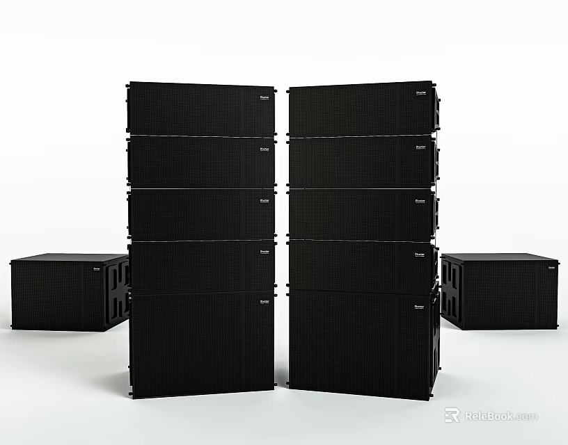 Black Stacked Audio Speakers System With Multiple Vertical Units And Side Cabinets 3d model