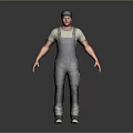 Male Worker In Denim Overalls And Cap Standing Full Body Front View