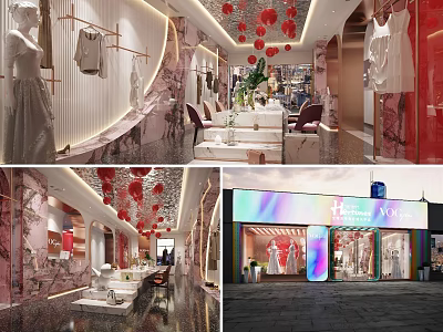 Elegant Modern Bridal Shop Interior With Wedding Dress Displays Marble Decor And Red Floral Decorations 3d model