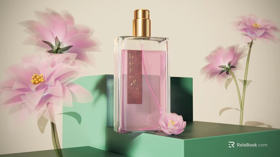 Elegant Pink Perfume Bottle Display With Fresh Pink Flowers On Green Stand 3d model 