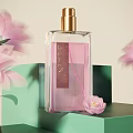 Elegant Pink Perfume Bottle Display With Fresh Pink Flowers On Green Stand