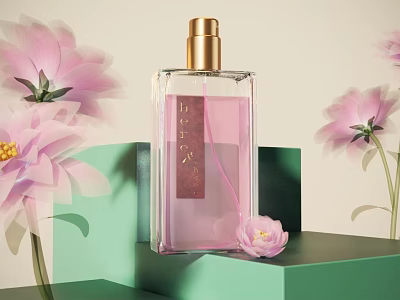 Elegant Pink Perfume Bottle Display With Fresh Pink Flowers On Green Stand 3d model