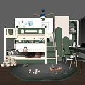 Cozy Kids Room With Bunk Bed Bookshelf Stuffed Toys Rug And Study Desk