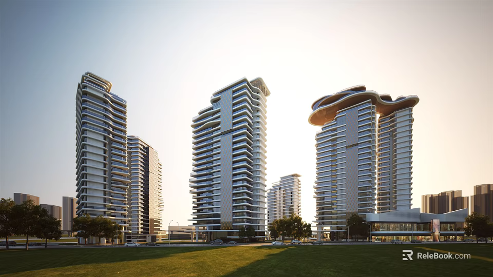 Modern High Rise Residential Buildings With Curved Facade Green Lawn And Low Rise Buildings 3d model 