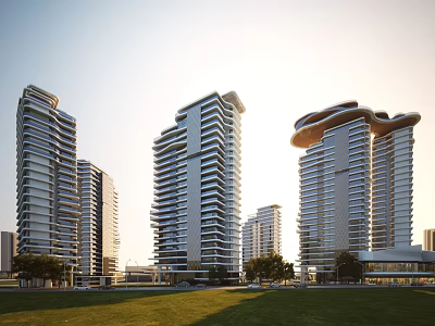 Modern High Rise Residential Buildings With Curved Facade Green Lawn And Low Rise Buildings 3d model