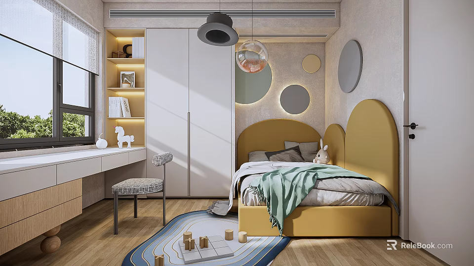 Bright Kids Room With Yellow Headboard Desk Circular Wall Decor And Playful Rug 3d model 