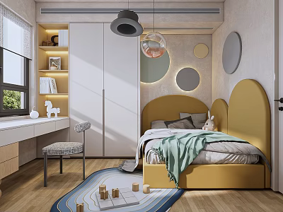 Bright Kids Room With Yellow Headboard Desk Circular Wall Decor And Playful Rug 3d model