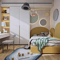Bright Kids Room With Yellow Headboard Desk Circular Wall Decor And Playful Rug