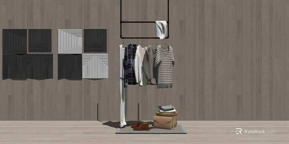 Modern Clothes Rack Displaying Hanging Shirts Sweaters And Stacked Accessories With Shoes 3d model 
