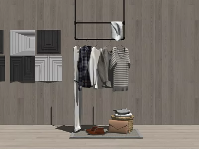 Modern Clothes Rack Displaying Hanging Shirts Sweaters And Stacked Accessories With Shoes 3d model
