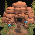 Rocky Mine Entrance Scene with Rail Tracks Mine Cart Blue Flame Torches and Pine Trees
