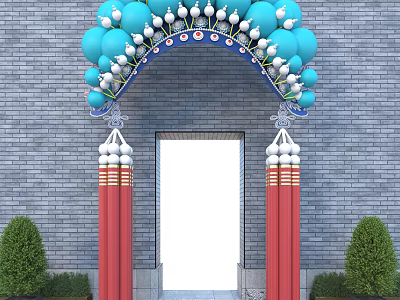 Decorative Archway With Blue Balloon Decoration Red Pillars Gray Brick Wall And Green Shrubs 3d model