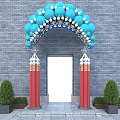 Decorative Archway With Blue Balloon Decoration Red Pillars Gray Brick Wall And Green Shrubs