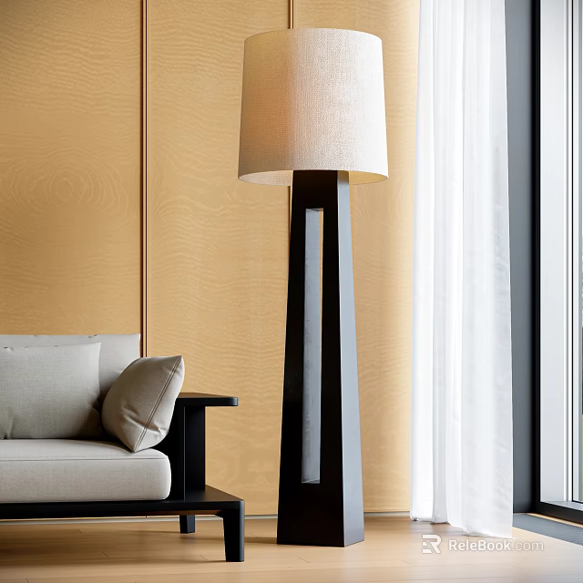 Modern Floor Lamp in Contemporary Living Room with Wooden Wall and White Curtains 3d model 