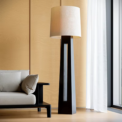 Modern Floor Lamp in Contemporary Living Room with Wooden Wall and White Curtains 3d model