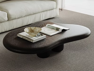 Unique Black Coffee Table with Books and Decorative Bowl in Modern Living Room Setting 3d model