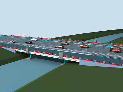 Modern Bridge Structure With Multiple Lanes And Cars Driving Over Waterway And Green Areas 3d model