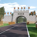 Ancient Style Gate with City Wall Flags Road and Wooden Buildings in Grassland