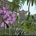 Traditional Ancient Building Surrounded by Purple Flowers and Palm Trees in Tropical Garden