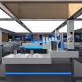 Modern Exhibition Hall Interior With Large Screens Display Counters And LOGO Sign