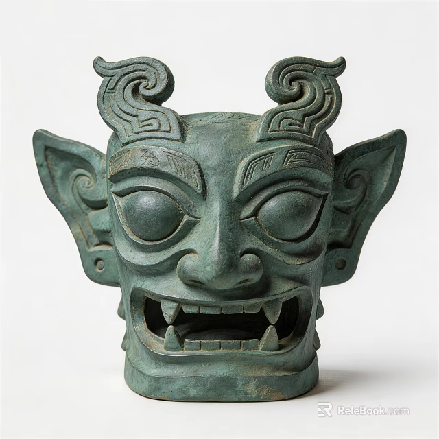 Ancient Bronze Landscape Sculpture With Mythical Face Large Eyes Fanged Mouth Curled Horns 3d model 