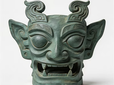 Ancient Bronze Landscape Sculpture With Mythical Face Large Eyes Fanged Mouth Curled Horns 3d model
