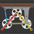Wooden Tabletop Mechanical Structure With Colorful Gears And Metal Support