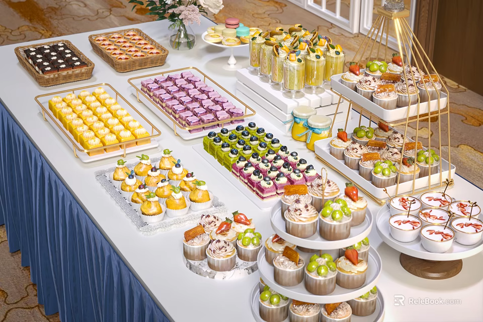 Elegant Tea Break Buffet With Assorted Desserts Tiered Stands And Beverage Jars 3d model 